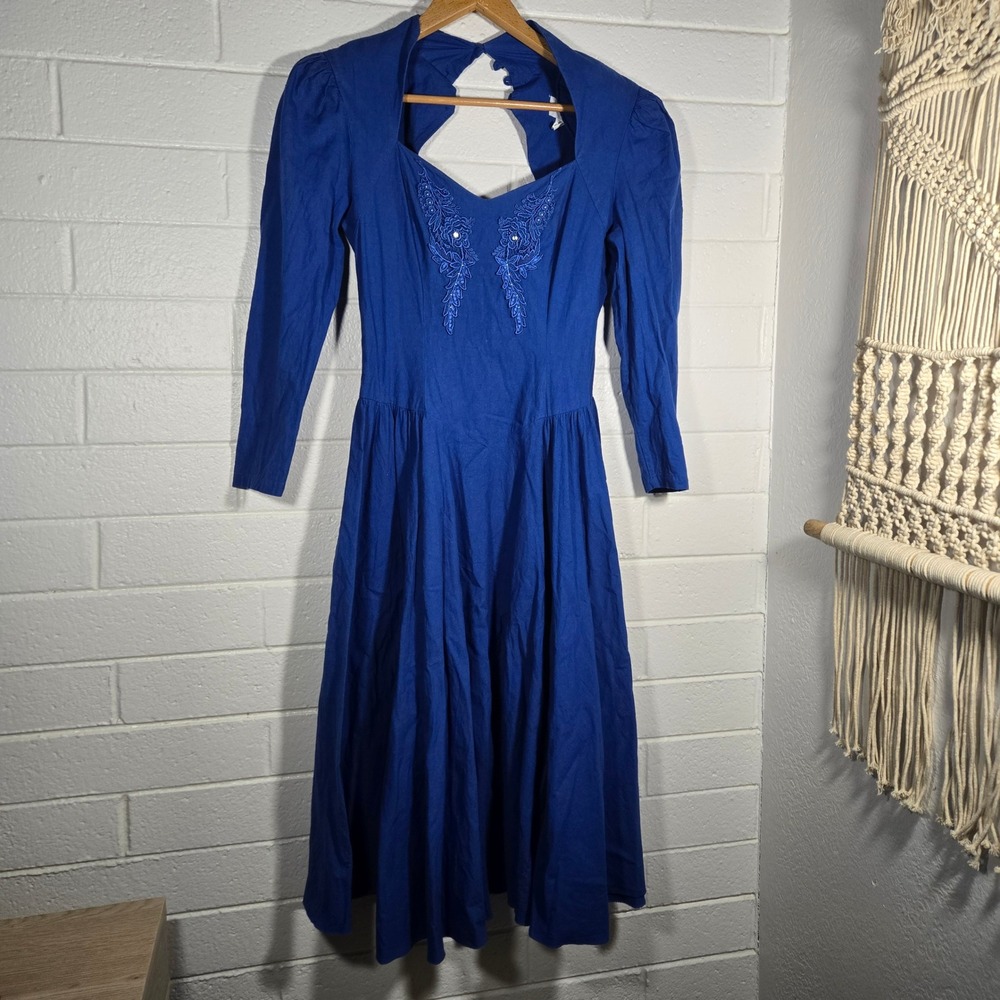 Vtg Lilia Smitty Modest Prairie Cobalt Blue Dress 13/14 Cotton Keyhole Maxi